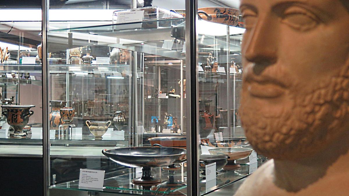 museum interior, view through display cases