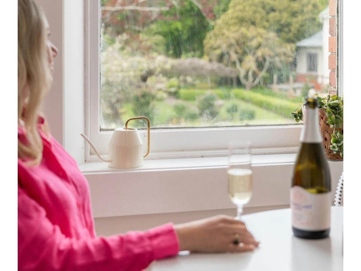 Woman enjoying glass of sparking wine looking out window over city park