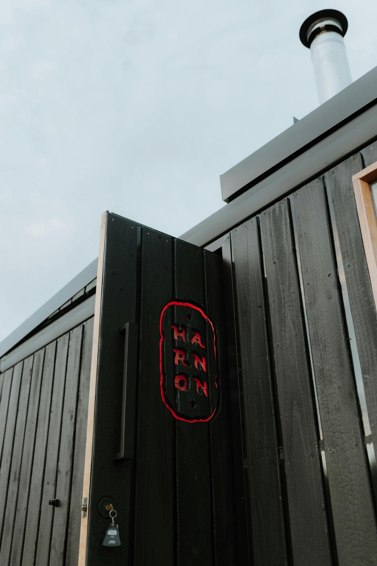 Entrance to Harnon Sauna, a handcrafted mobile sauna in Tasmania.