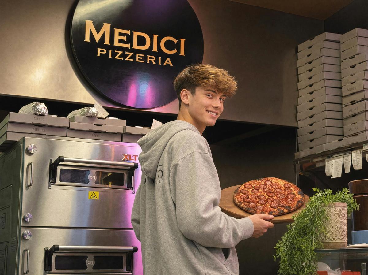 A pizza straight out of the oven at Medici Pizzeria