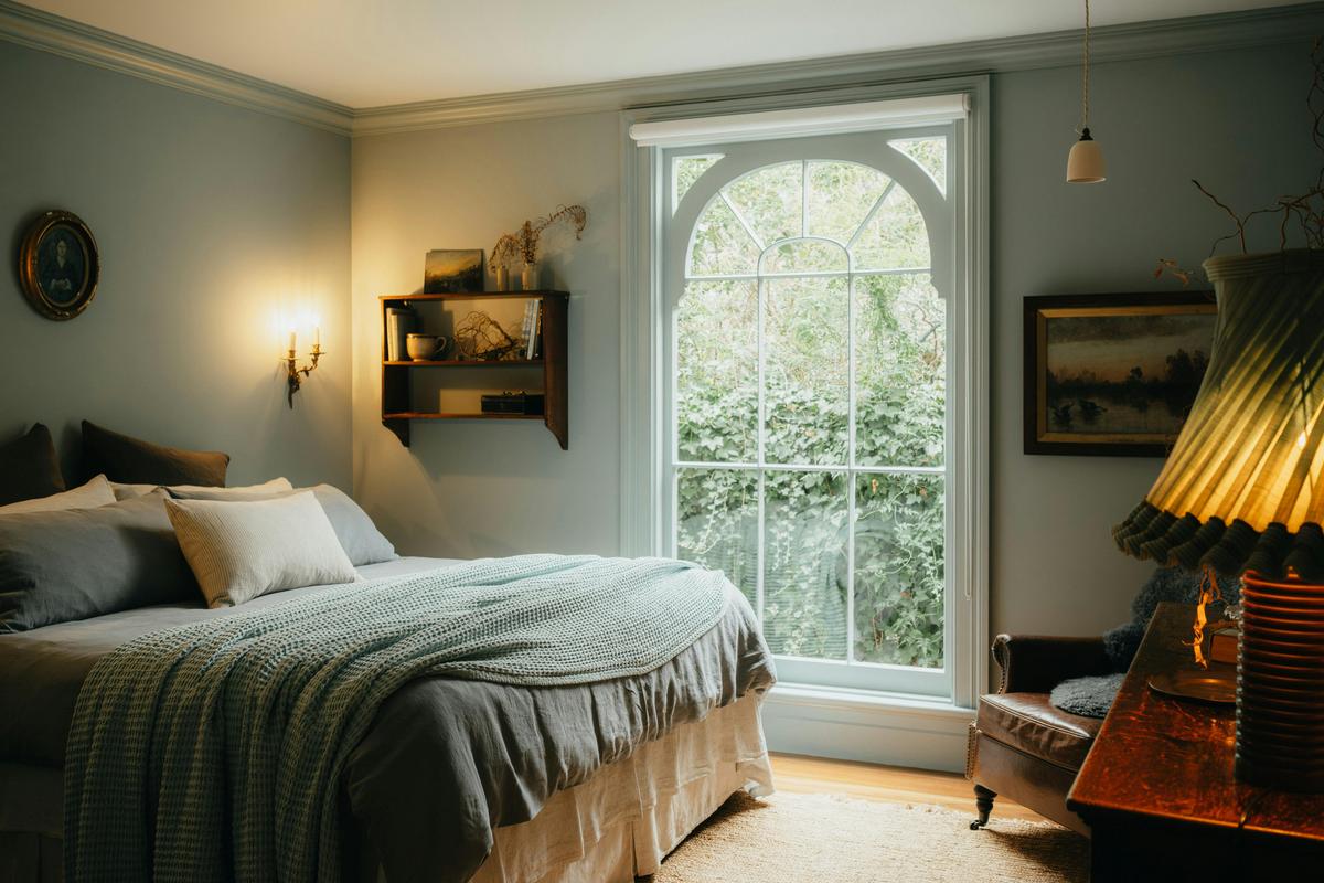 A restful bedroom where soft light filters through the arched window, settling gently across layered