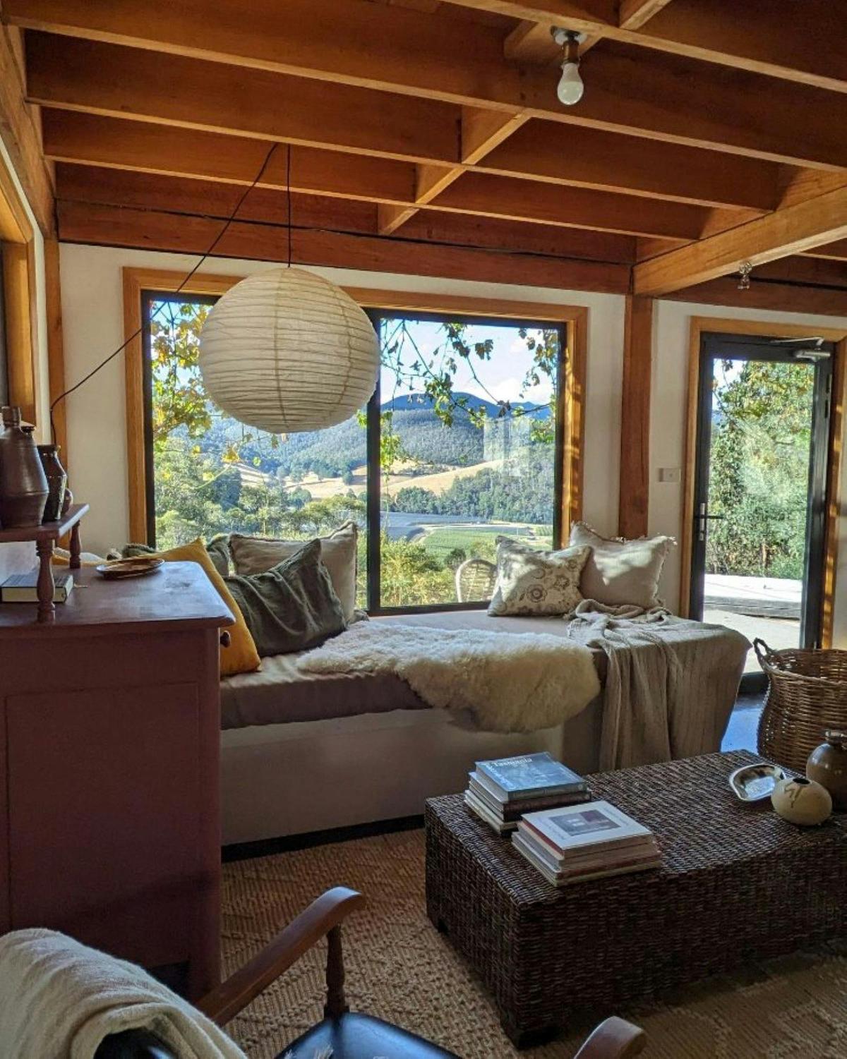Luxurious daybed overlooking beautiful Huon Valley views