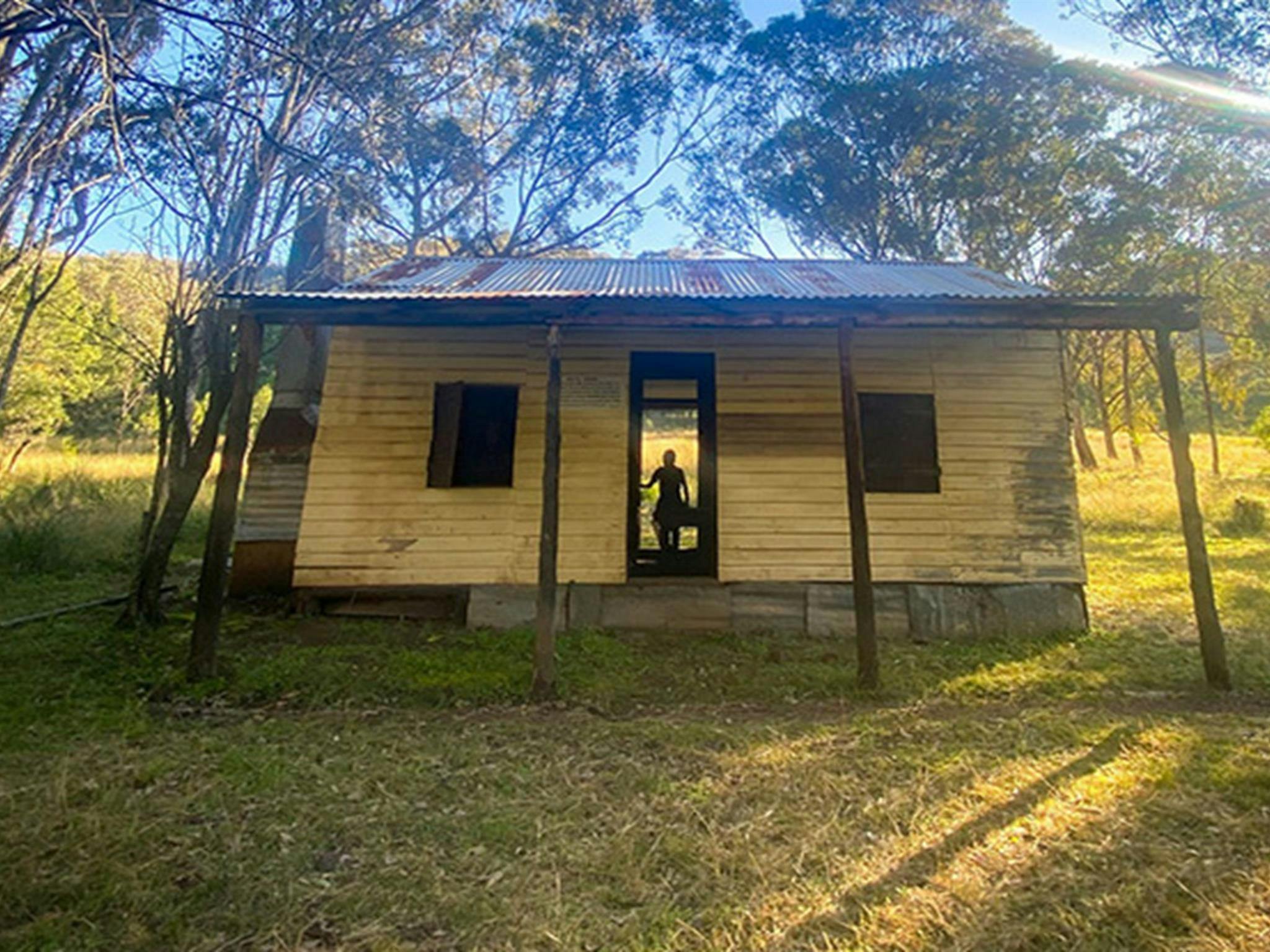 Silhouette of a person in the doorway of Scutts Hut, set in a grassy clearing in open woodland of