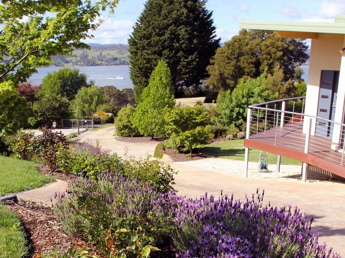 Looking down the approach driveway out to the Tamar with free parking below the BnB.