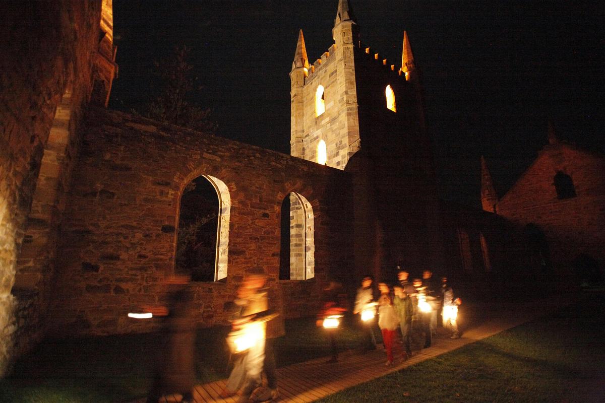 A Port Arthur Ghost Tour passes through the historic convict-built church