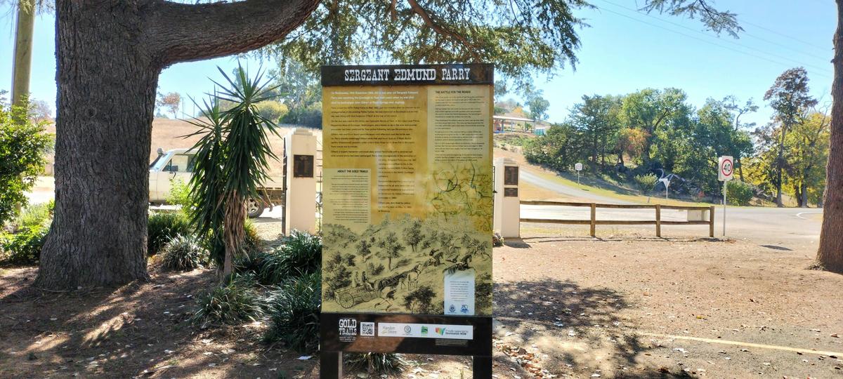 Gold Trails sign detailing Sergeant Parry's history and fate.