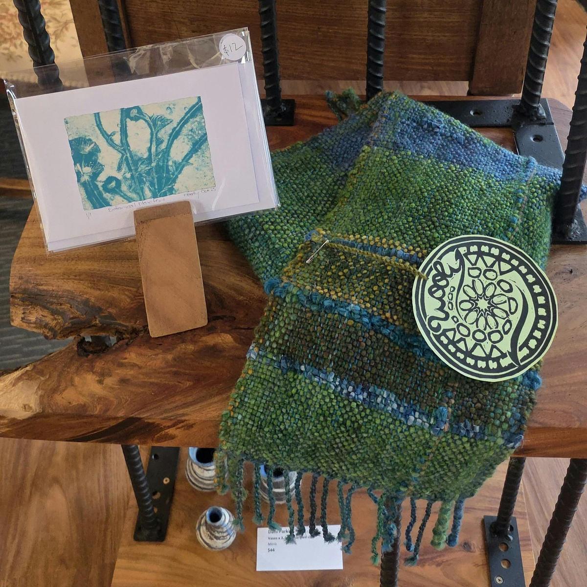 Handwoven scarf, handprinted gift cards