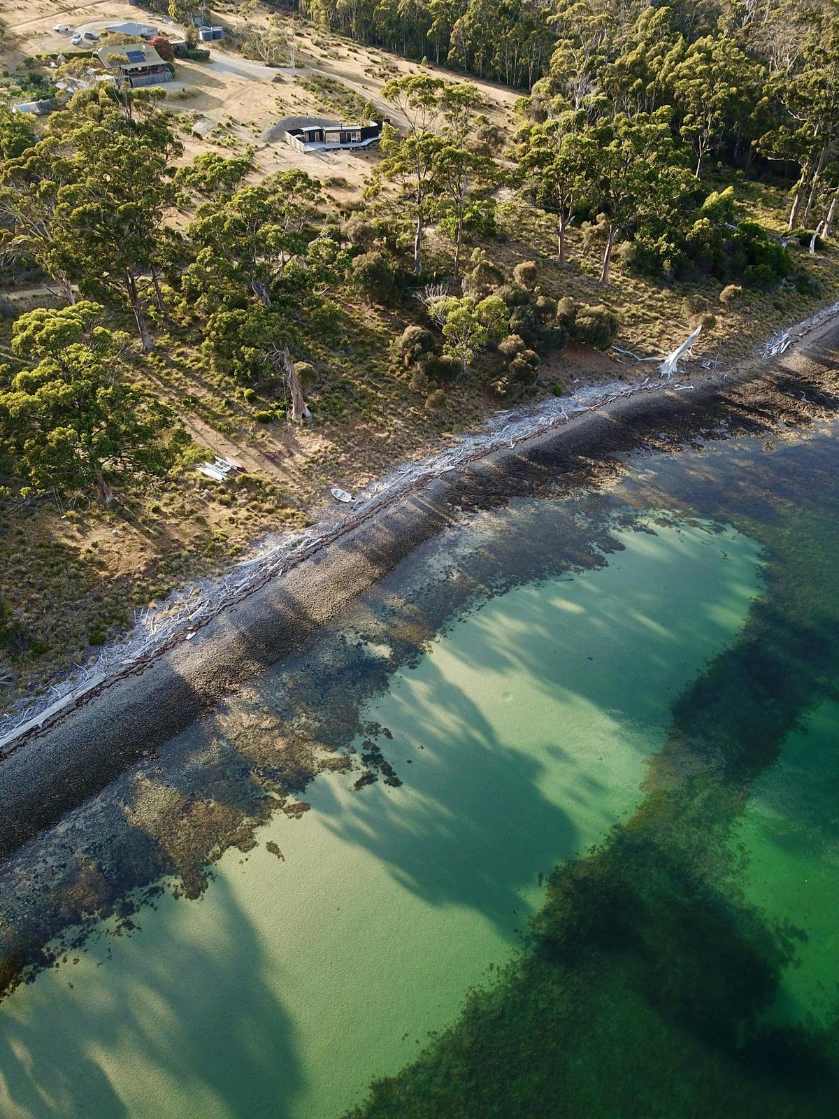 drone photo of the coastline and accomodation