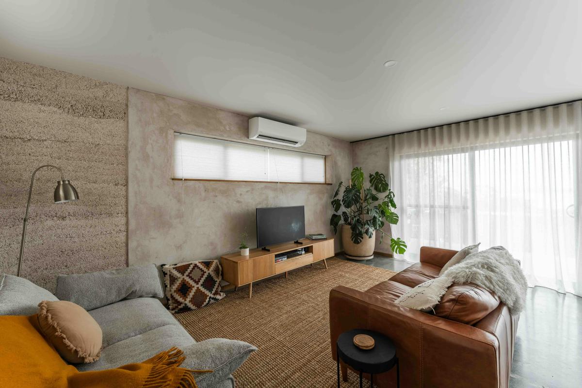 An exposed section of hempcrete wall.