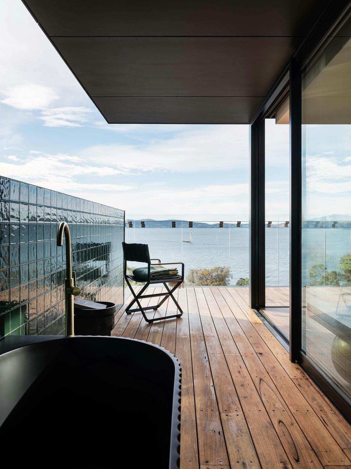 Deck bath by the fireplace
