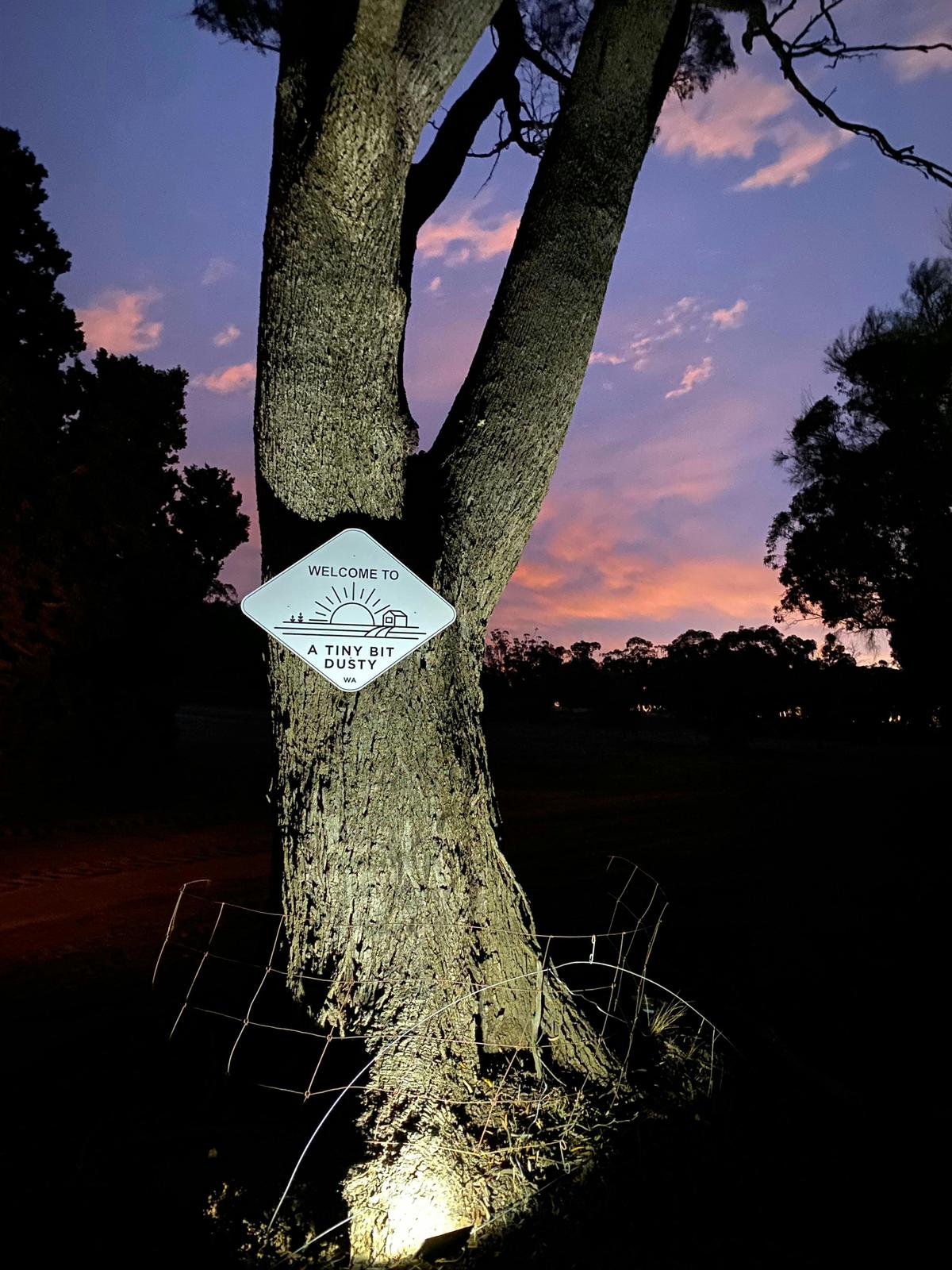 Picture of A Tiny Bit Dusty gate sign with purple and pink sunset behind.