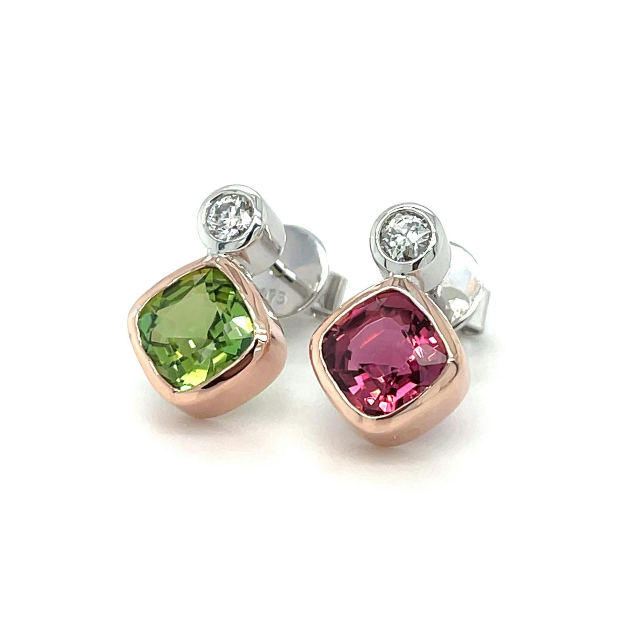 Colour complementing tourmaline and diamond earrings in 18ct rose and white gold.