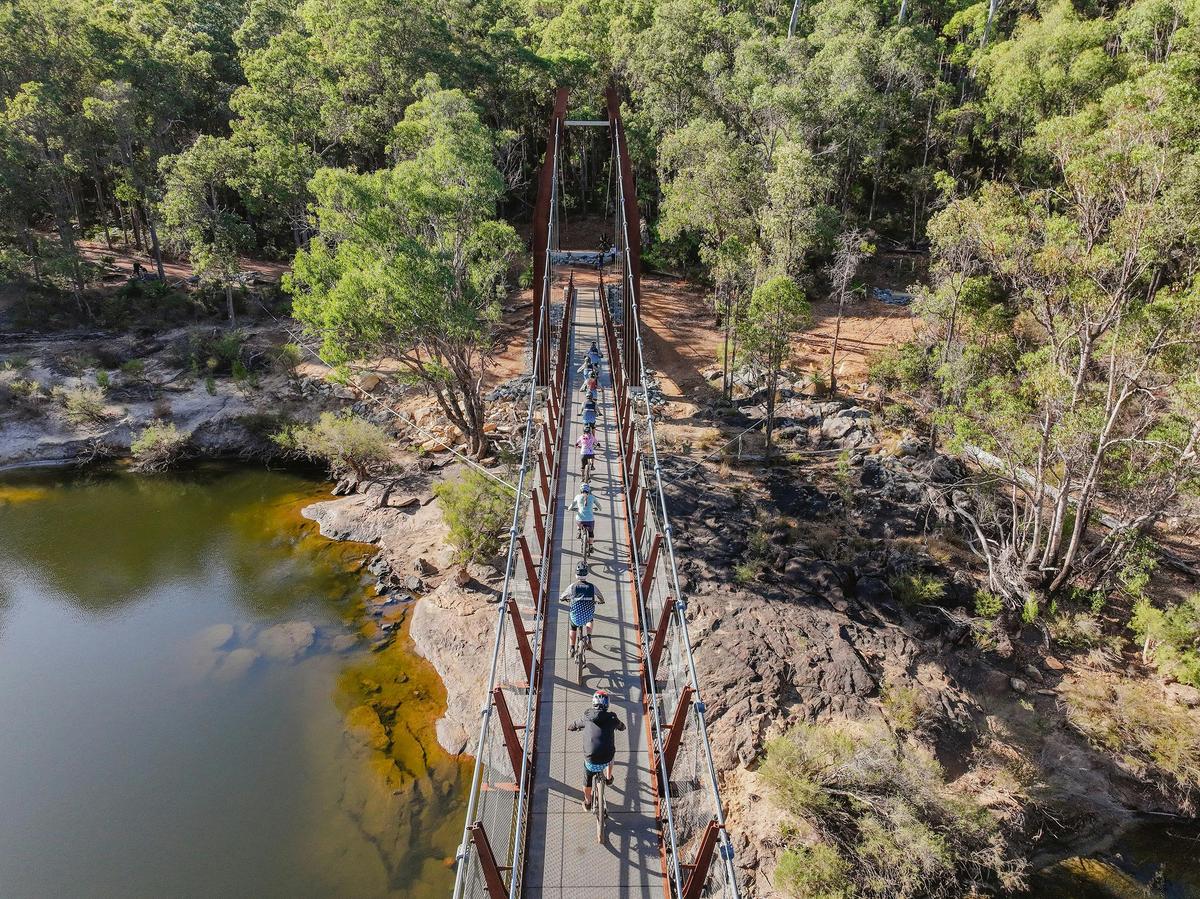 Mountain bike riders on the Dwaarlindjirraap Suspension Bridge in Dwellingup Adventure Trails