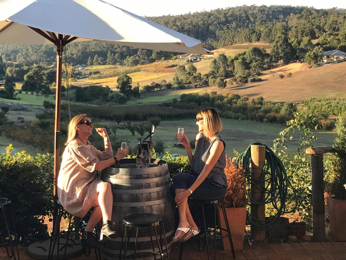 Enjoying the wine and views at Plume Estate Vineyard on a Bickley Valley Wine, Gin and Cider Tour.