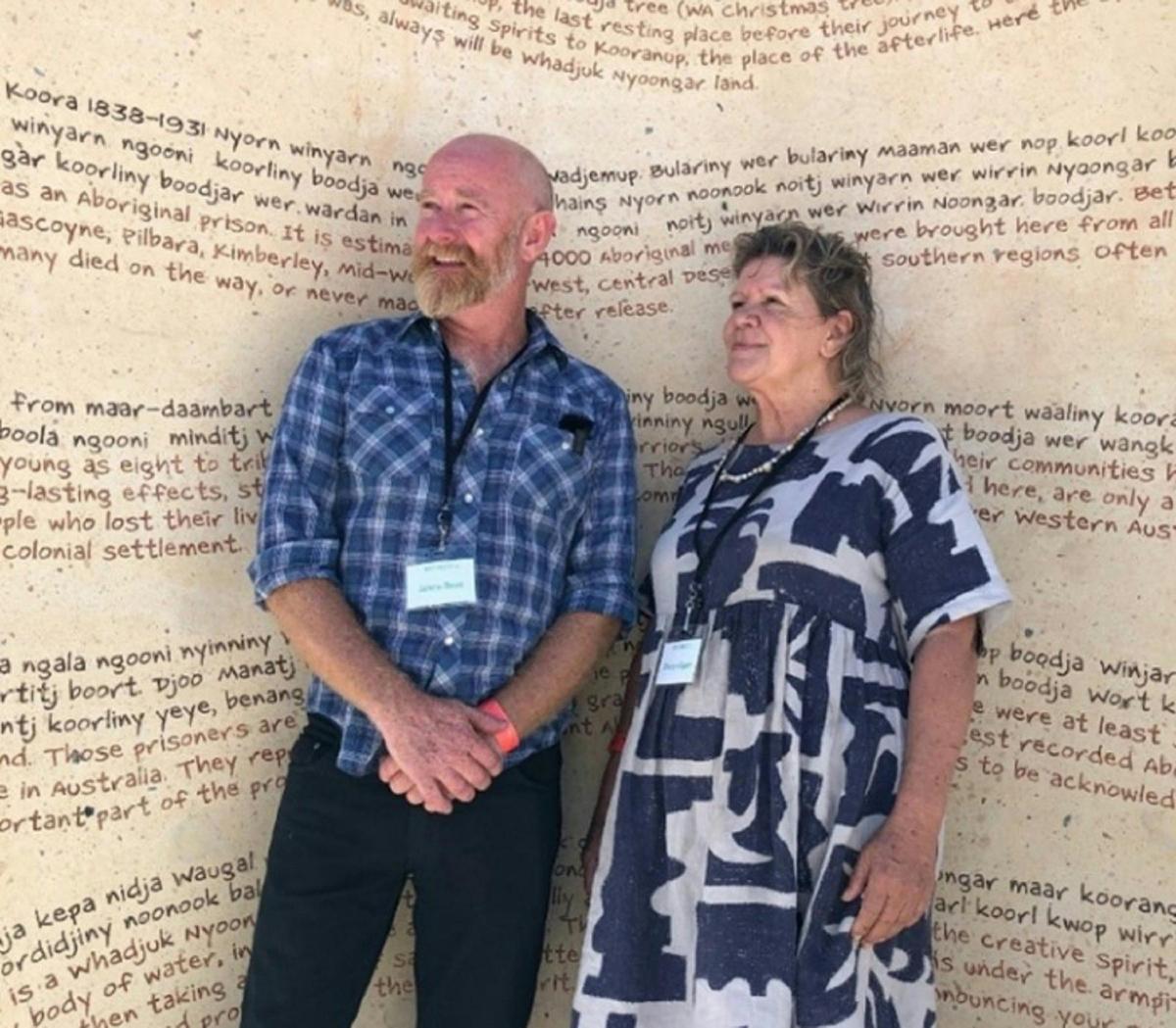 Western Australian Artsists Jahne Rees and Sharyn Egan at the base of the sculpture