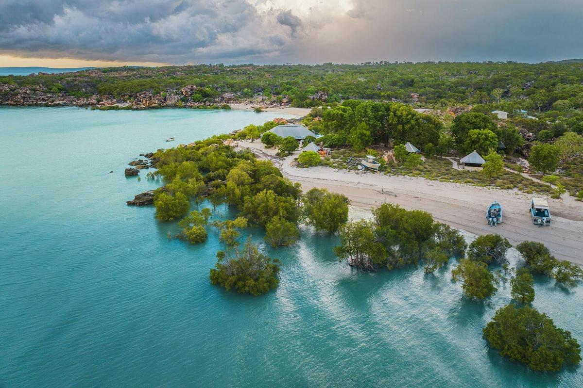 Aerial view of remote Kimberley Coastal Camp wilderness lodge.