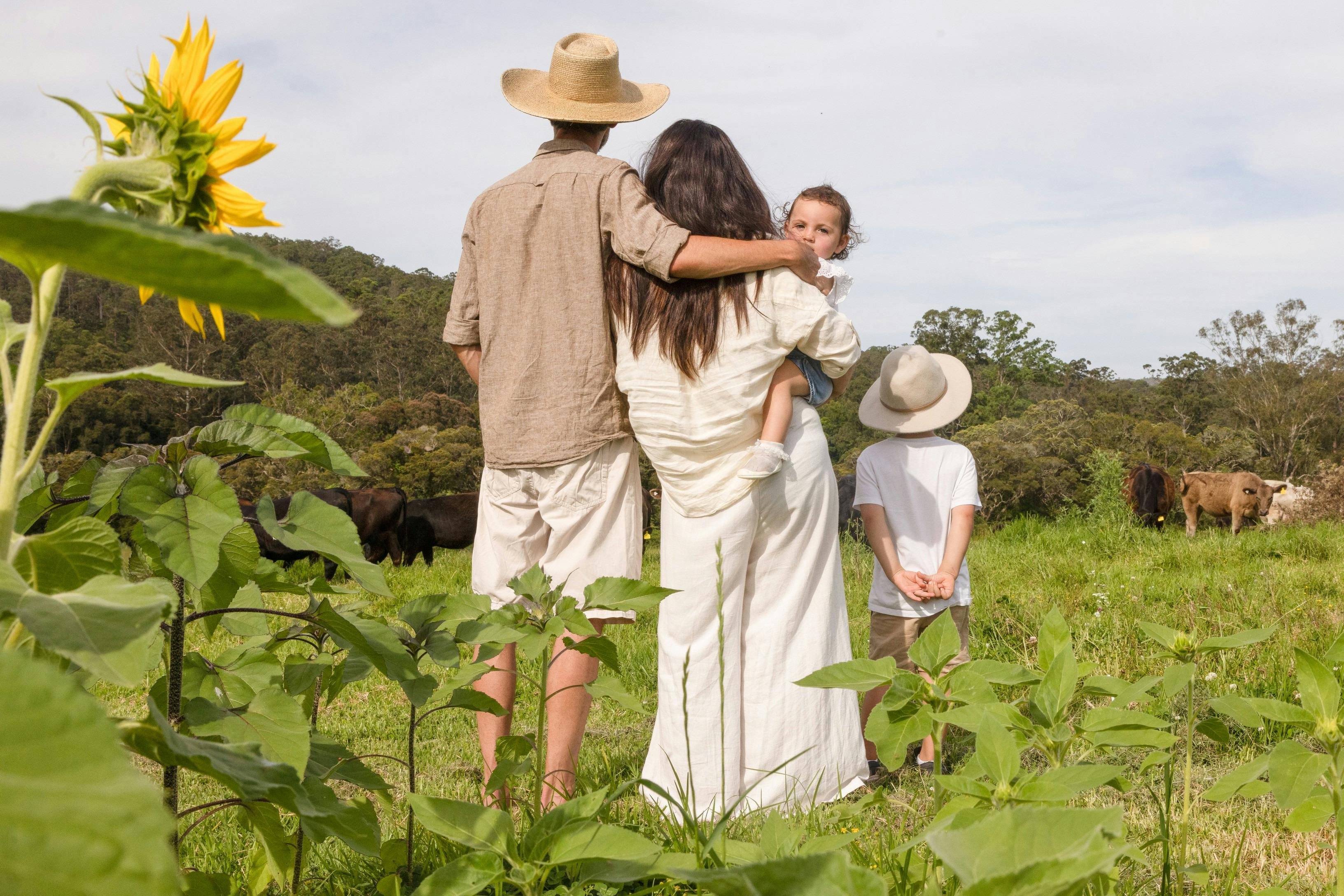 Our family in the sunflower field observing the cattle