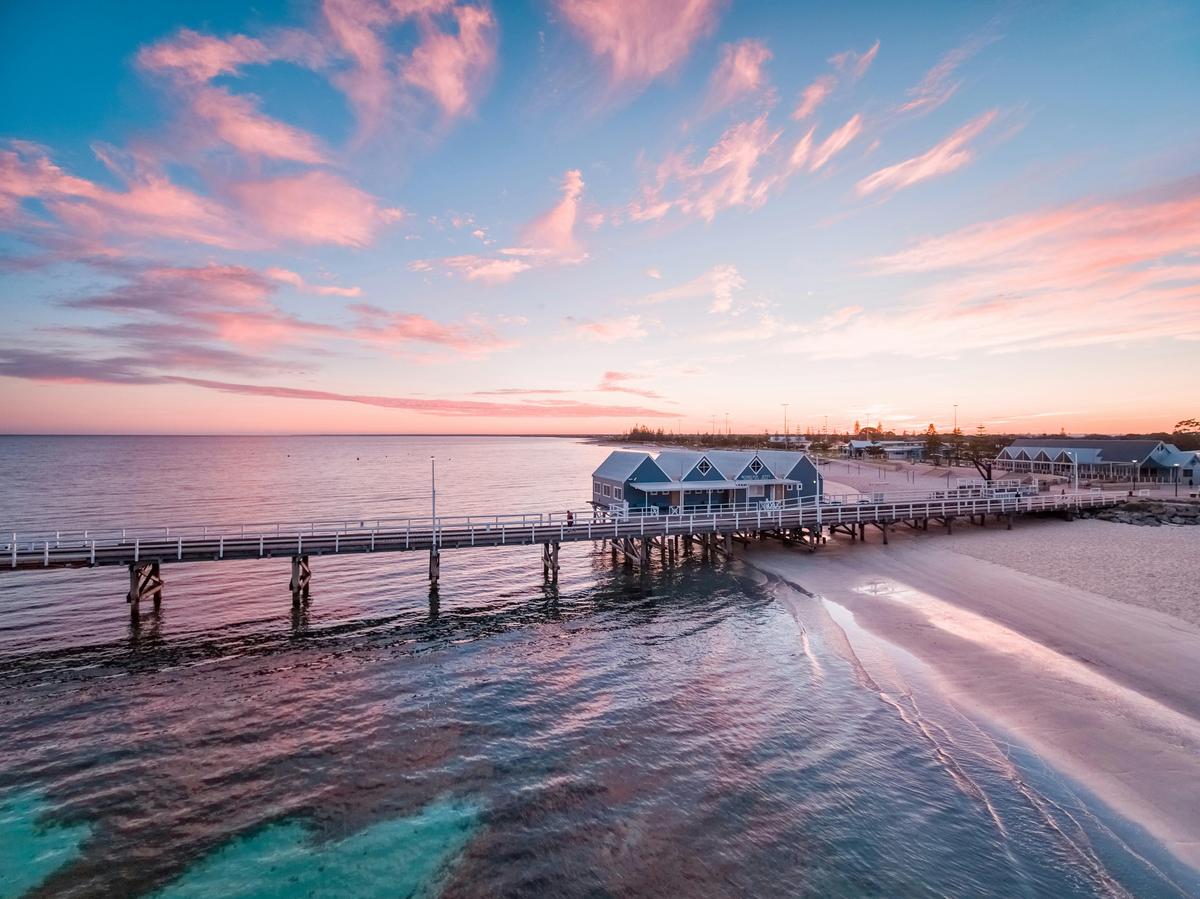 Busselton Jetty Interpretive Centre with Beautiful Pink & Blue Skies