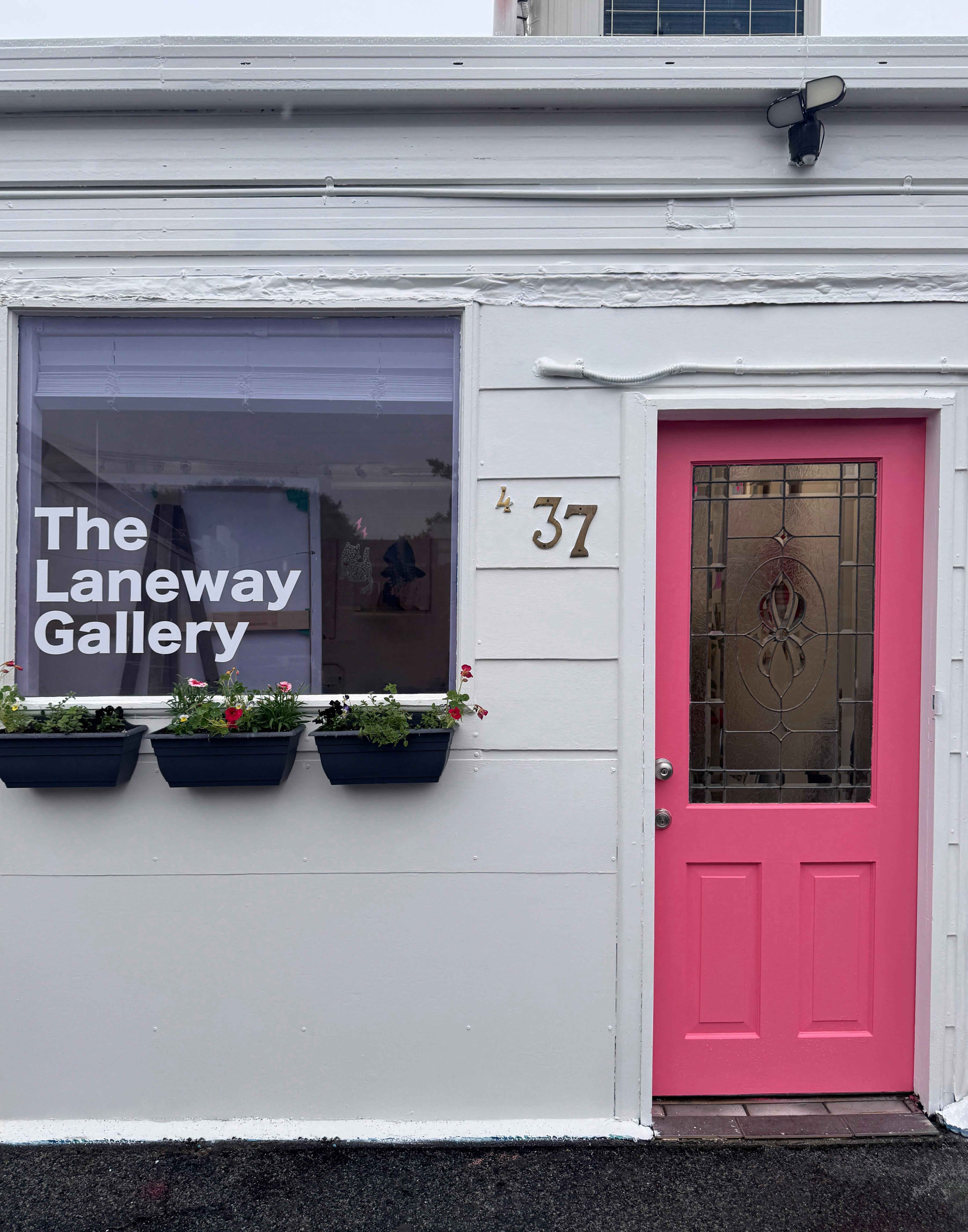 The Laneway Gallery stands out among a busy lane with a quirky pink door and mini cottage garden.