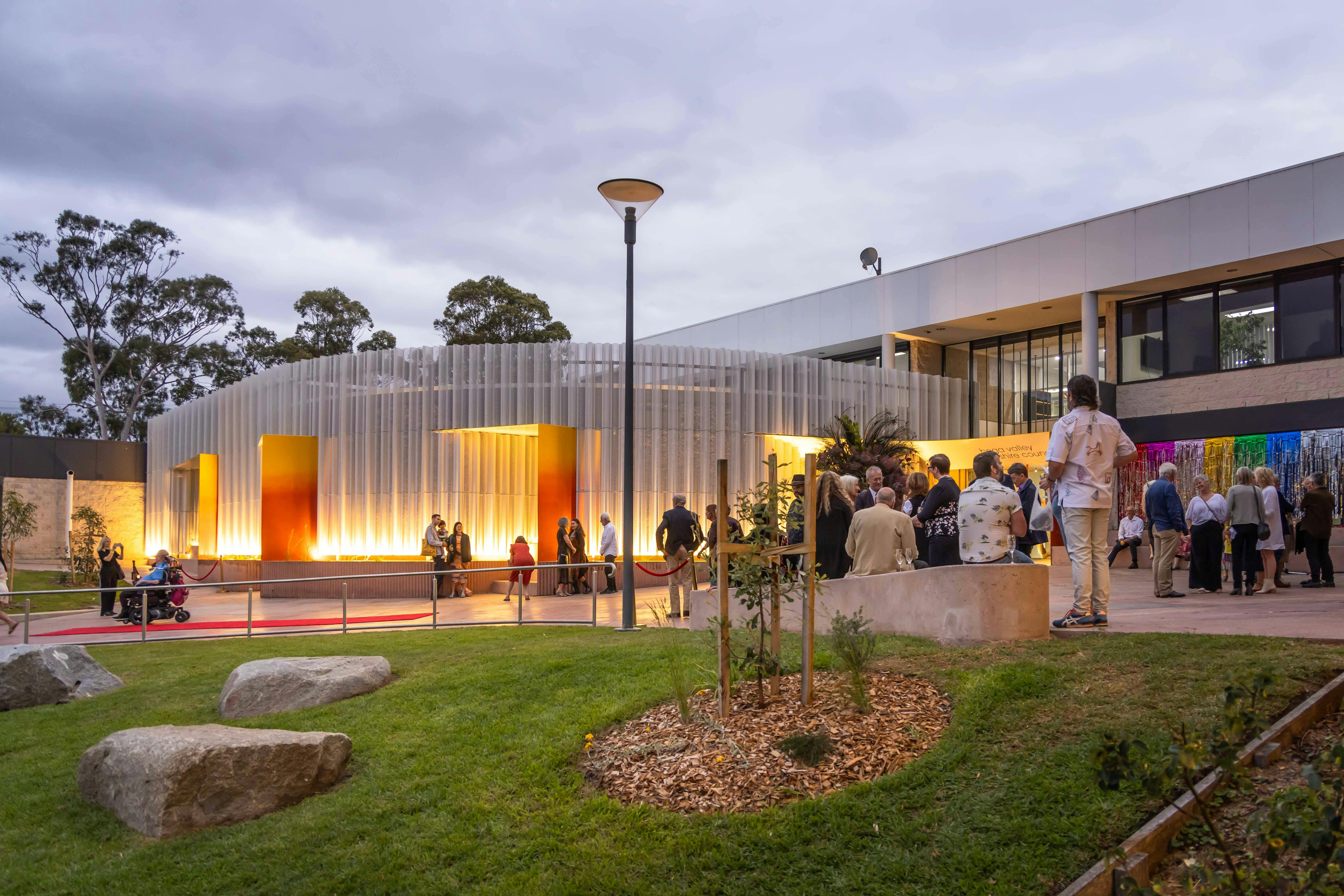 Exterior view of SECCA at night. Image by David Rogers Photography.