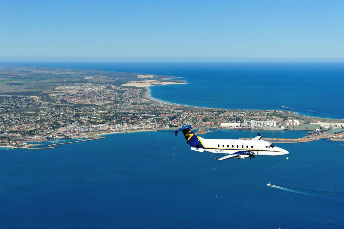 Our Beech 1900D (seats 19 passengers.) Flying over Geraldton harbour.