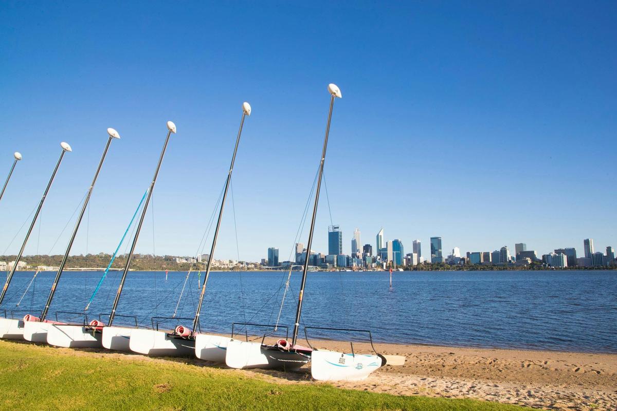 South Perth foreshore with Perth City skyline