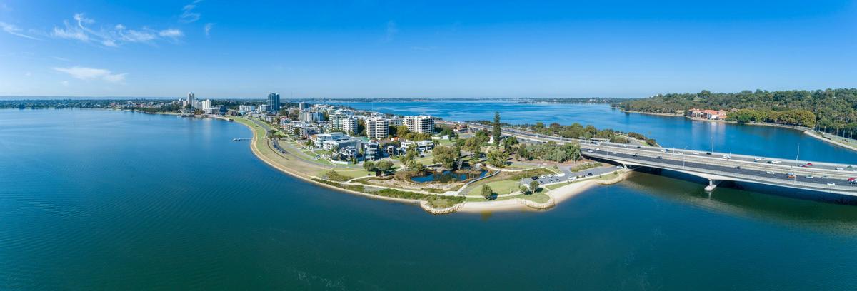 Aerial view of the South Perth Foreshore including part of the Narrows Bridge.
