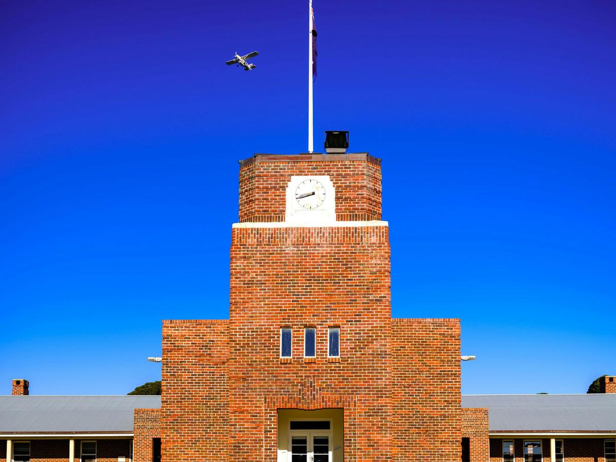 Exterior of brick barracks building