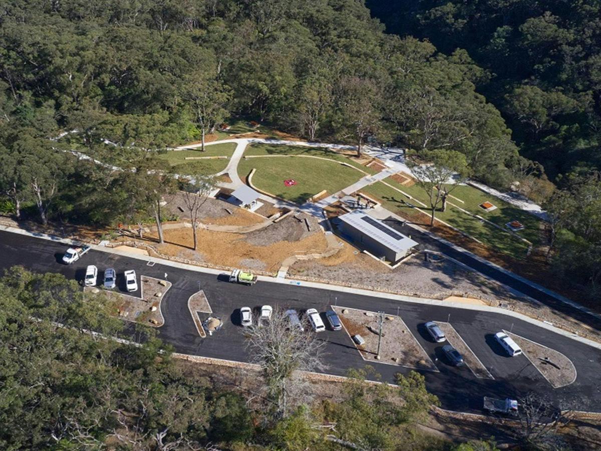Aerial view of Somersby Falls picnic area, showing the carpark and the access to the picnic area by