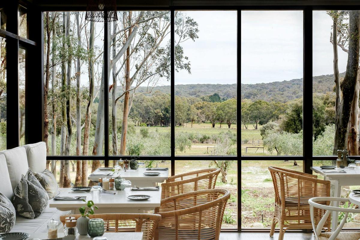 Dining room where breakfast is hosted with views across olive grove and vineyard