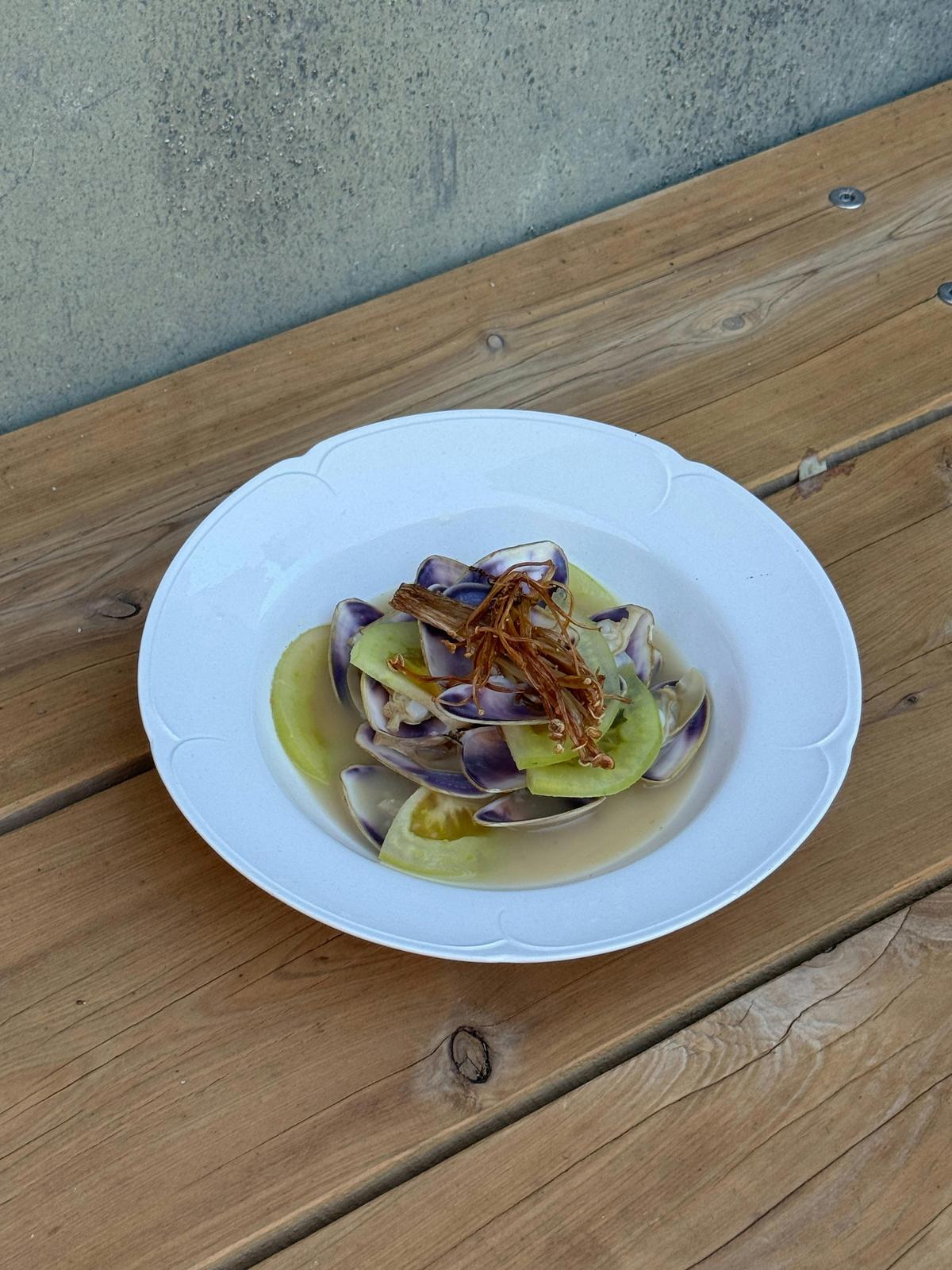 Pipi's, Fish head broth, green tomato and enoki