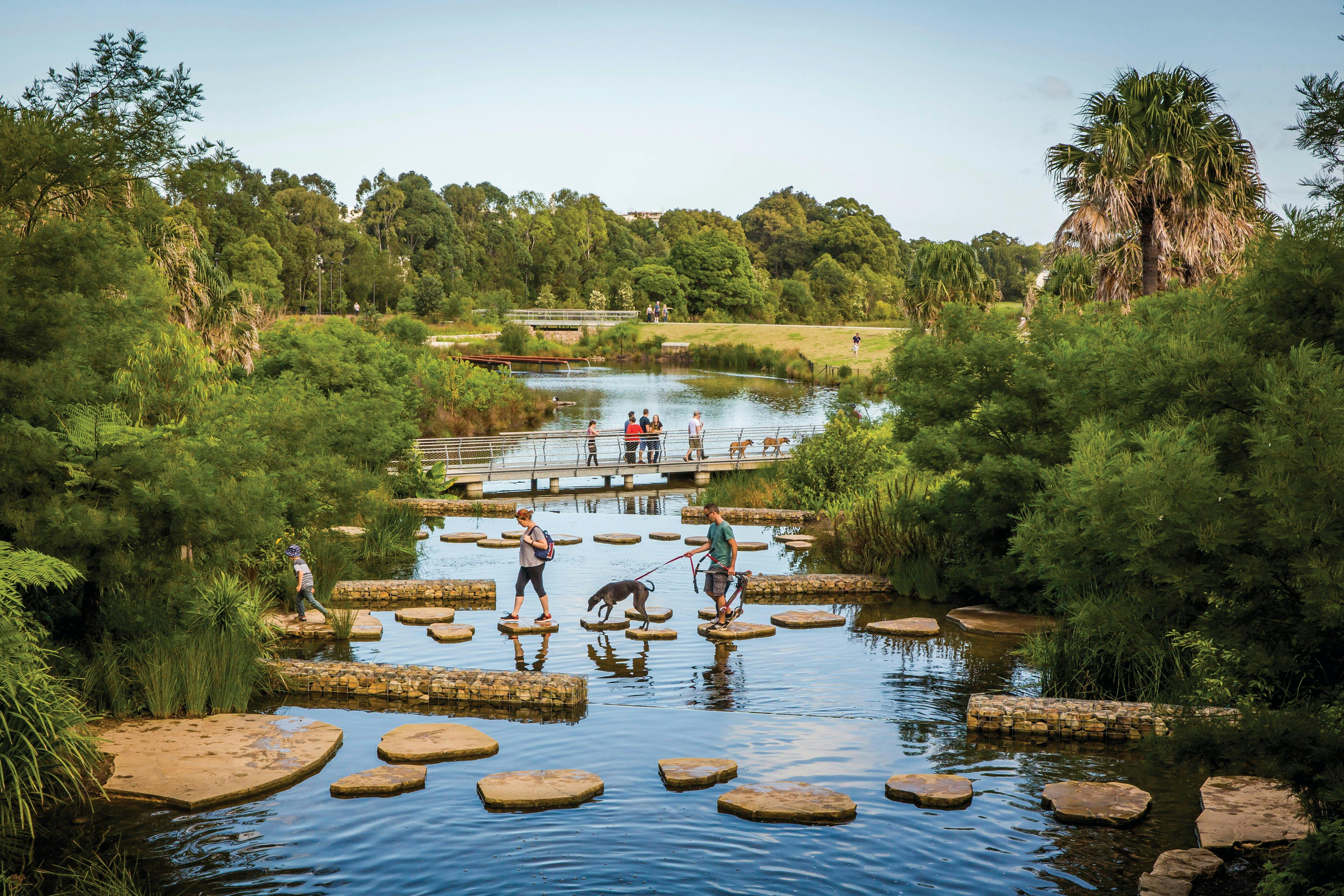 Family enjoying the picturesque wetlands located in the award-winning Sydney Park, St Peters