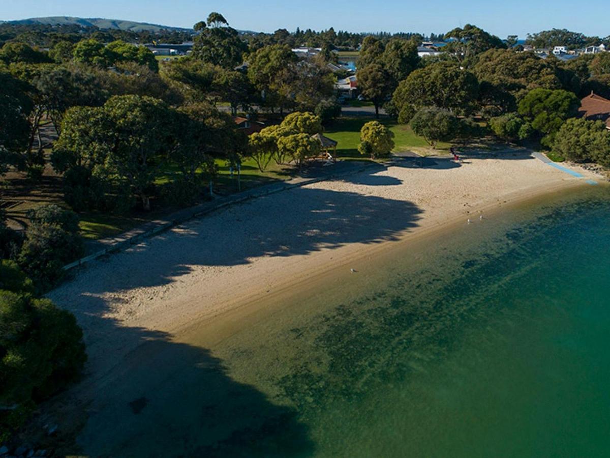 Overhead view of lake and beach