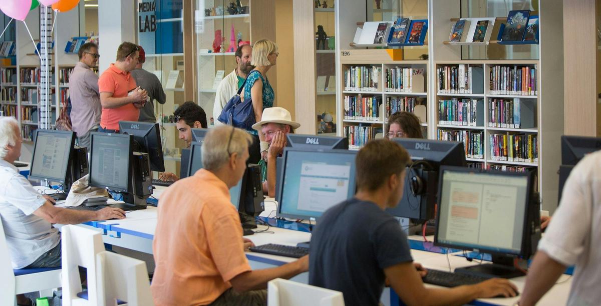 Customers using public PCs and wandering spaces
