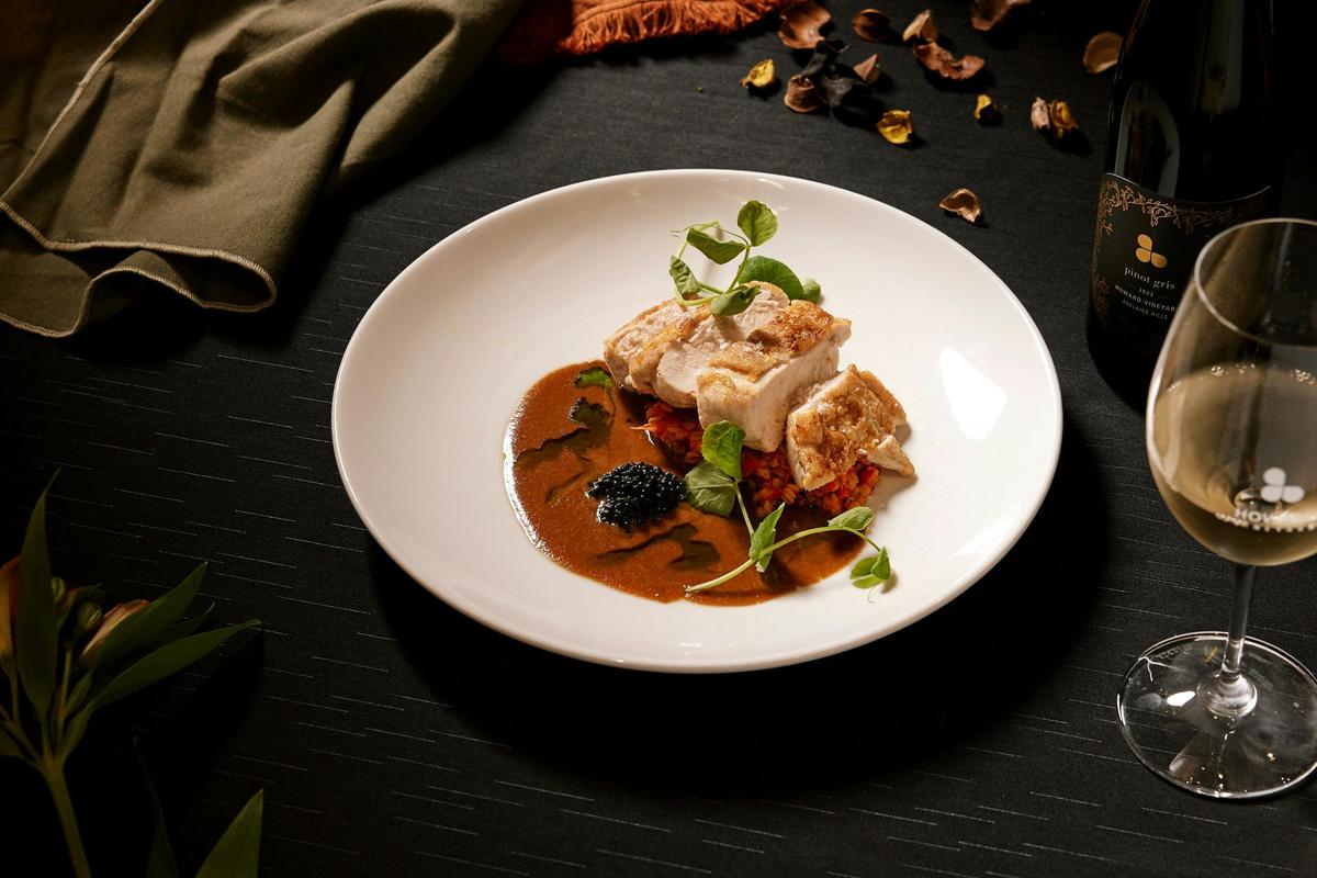 Roasted Free Range Chicken with barley, kimchi romesco, avruga