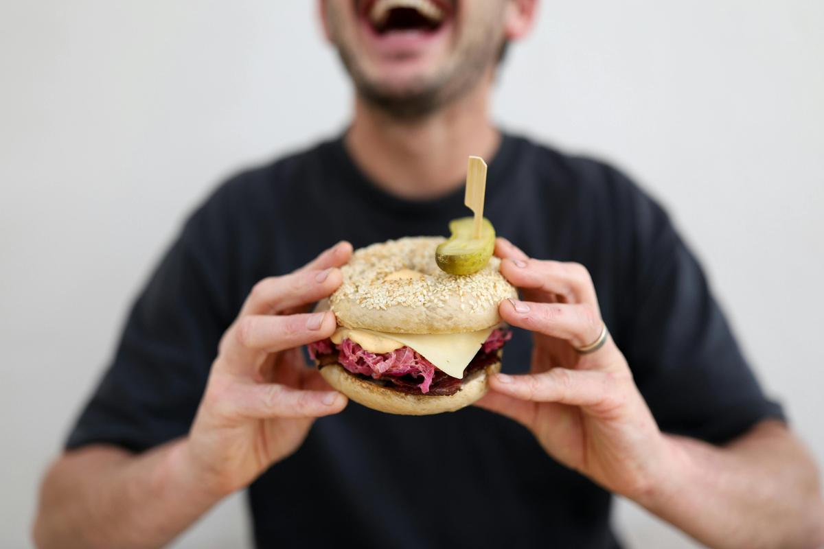 Loaded ruben bagel.