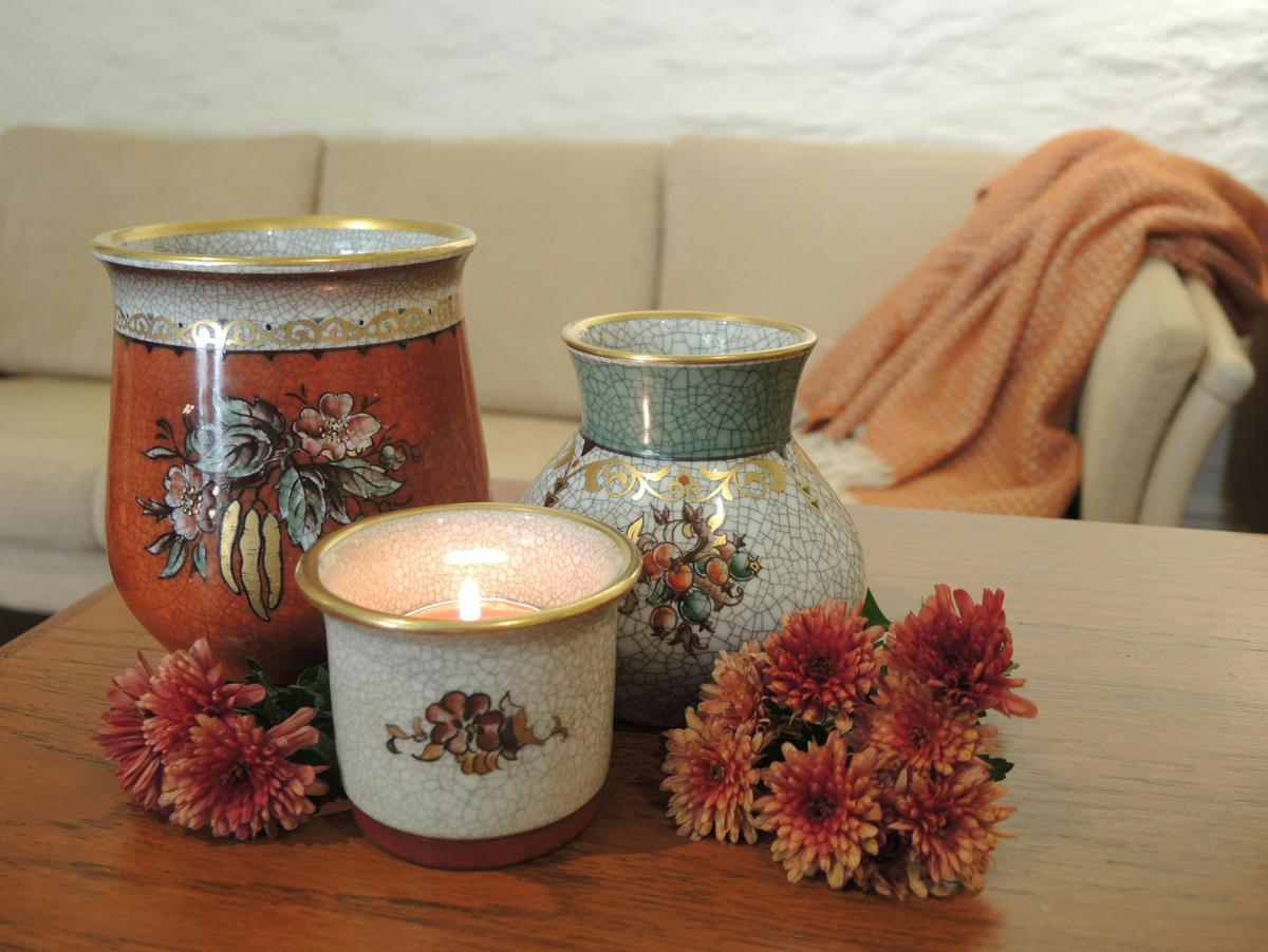 3 Danish Dahl Jensen Vases with crackle glaze sittig in front of a Danish couch with Klippan Blanket
