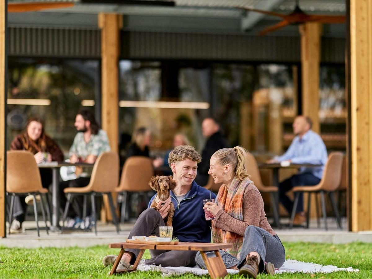 Two young people with a dog sitting on the lawn drinking gin