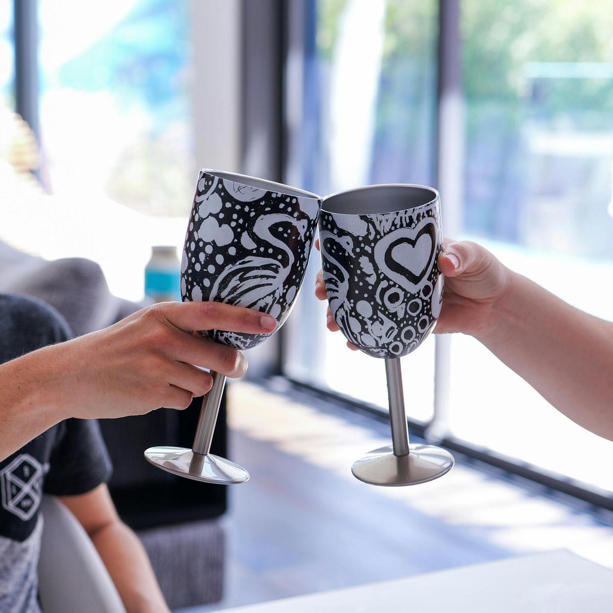Stainless  Steel Wine Goblets with lids in Indigenous artwork designs