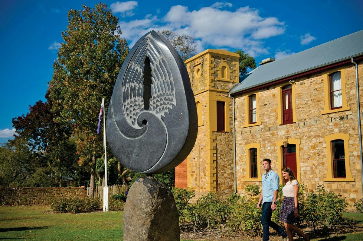 Angel of Hahndorf sculpture in front of the Hahndorf Academy building in Hahndor's Main Street