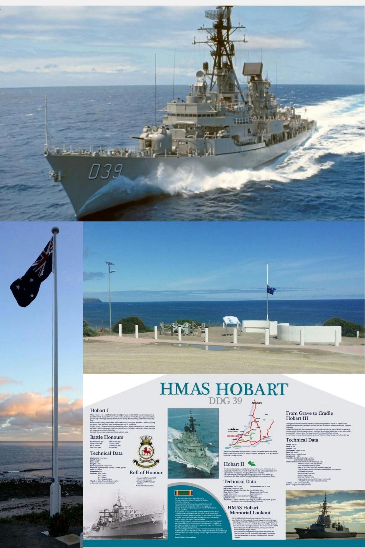 Photo of Historic Ship in water and HMAS Hobart Information at lookout