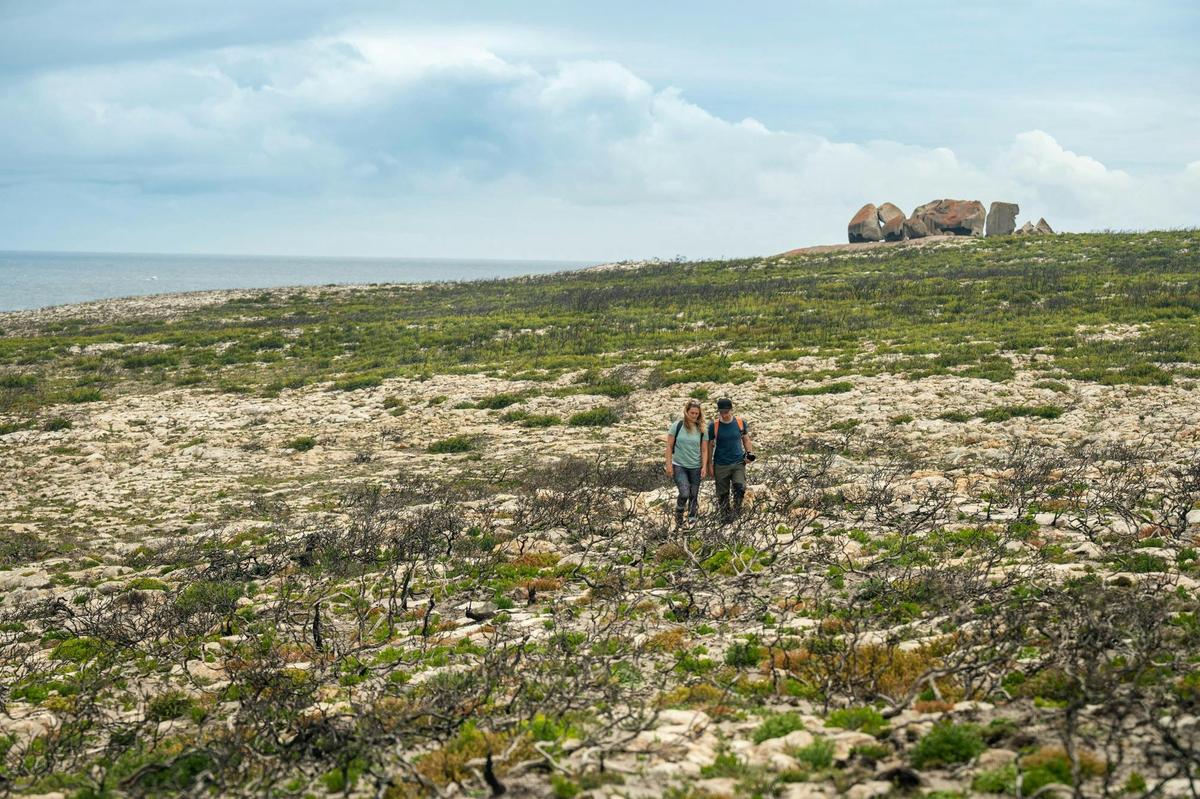 A couple walks along the Kangaroo Island Wilderness with the Remarkable Rocks behind them