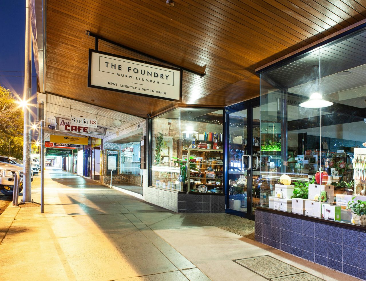 Street view of The Foundry Murwillumbah next to the iconic Austral Cafe