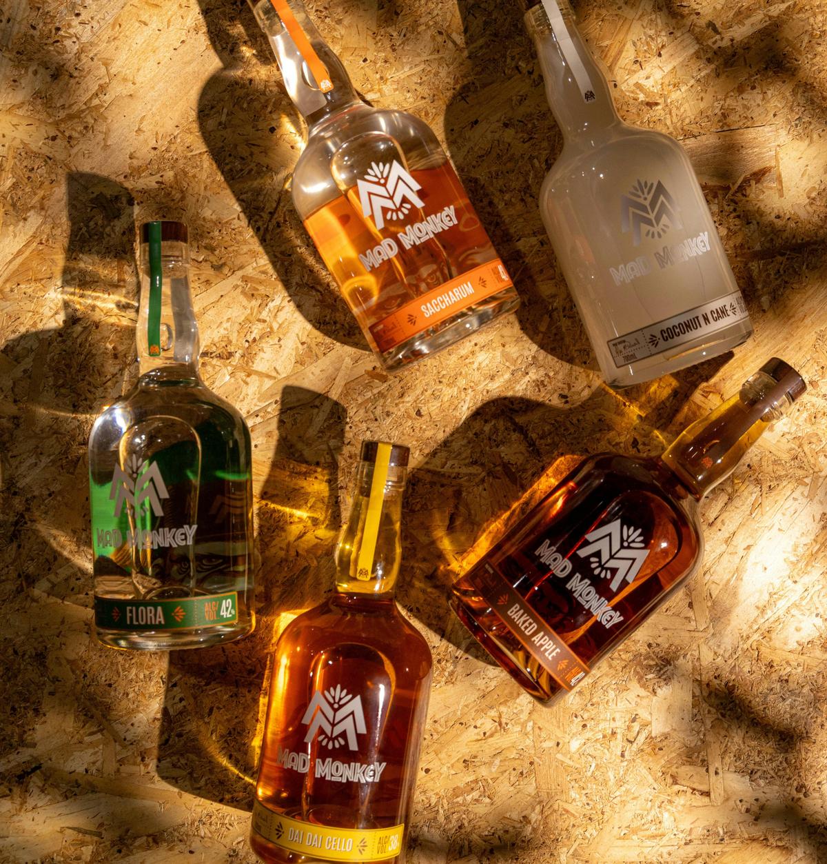 above view of rum bottles