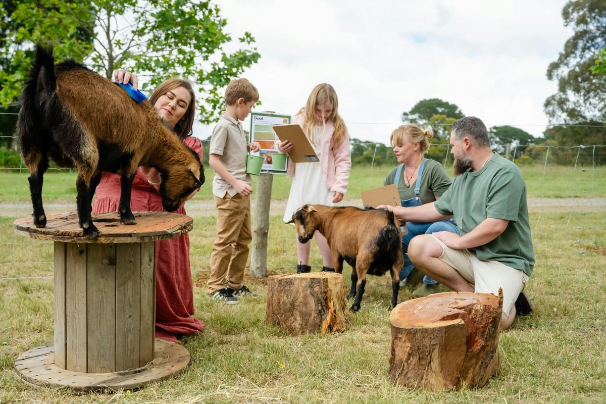Home school family enjoying learning about the farm with the goats