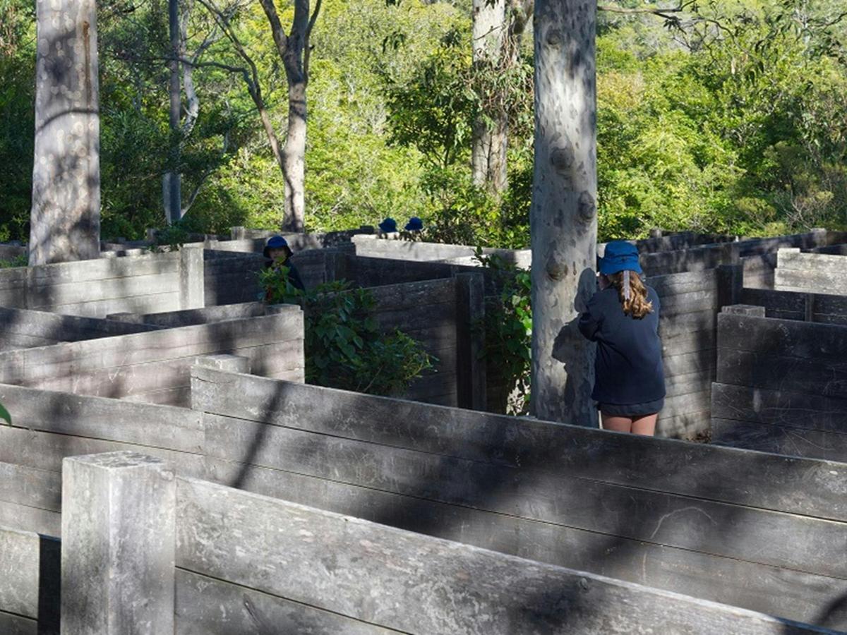 Children play in the maze at Village Green picnic area and playground, Blue Gum Hills Regional Park.