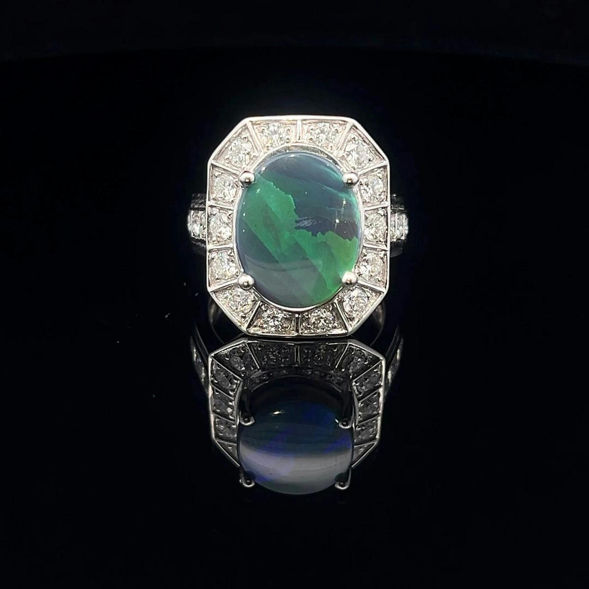 Art Deco Lightning Ridge Black Opal & Diamond statement ring in white gold.