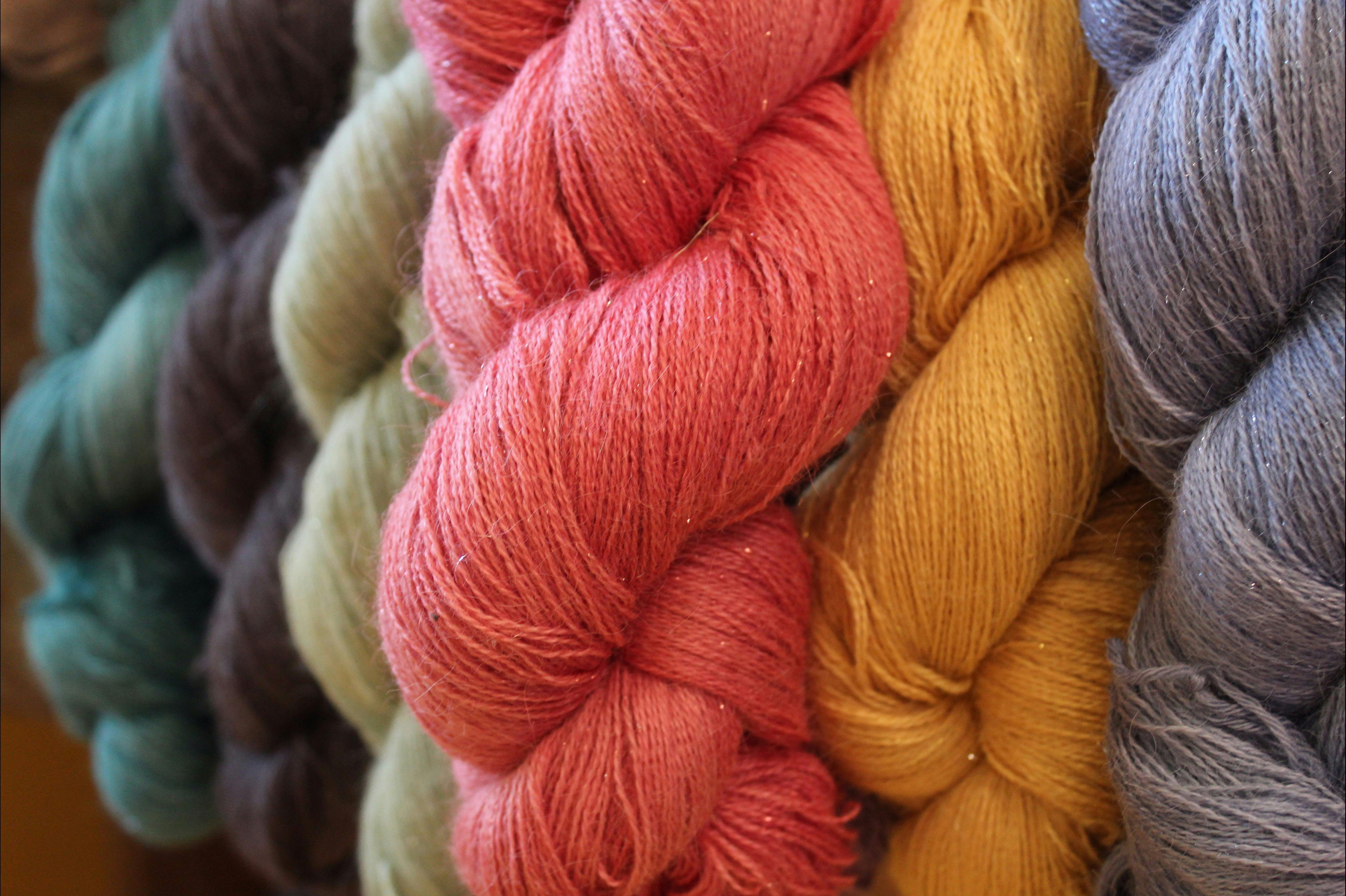 Hand dyed yarns of luxurious bases incluing merino, alpaca, silk, mohair, cashmere blends.