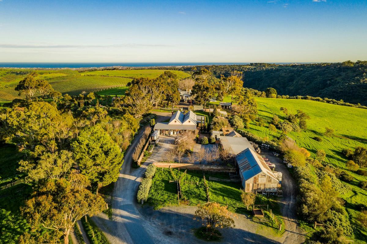 An aerial view of Samuel's Gorge winery, cellar door and vineyard