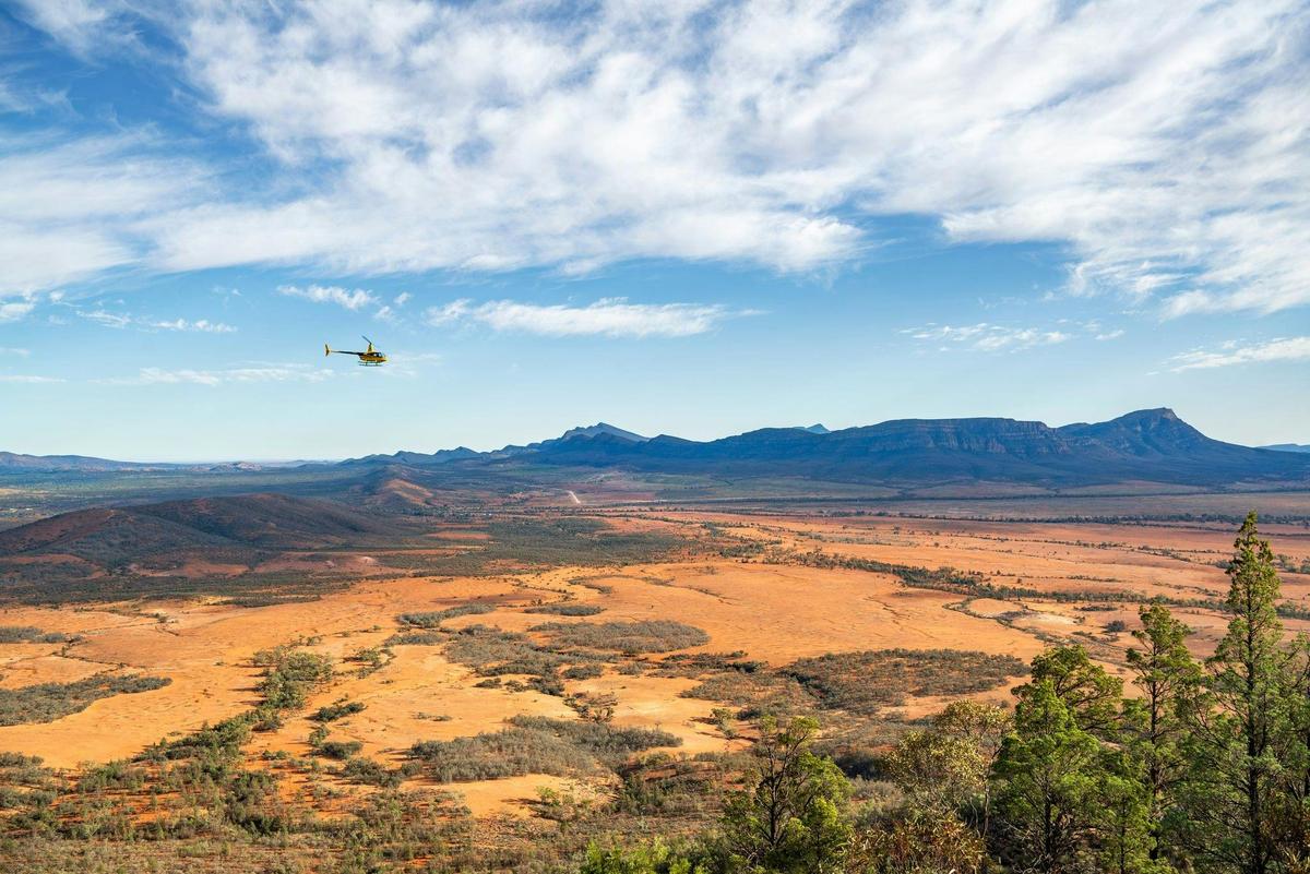 Aerial shot of a helicopter flight over Wilpena Pound